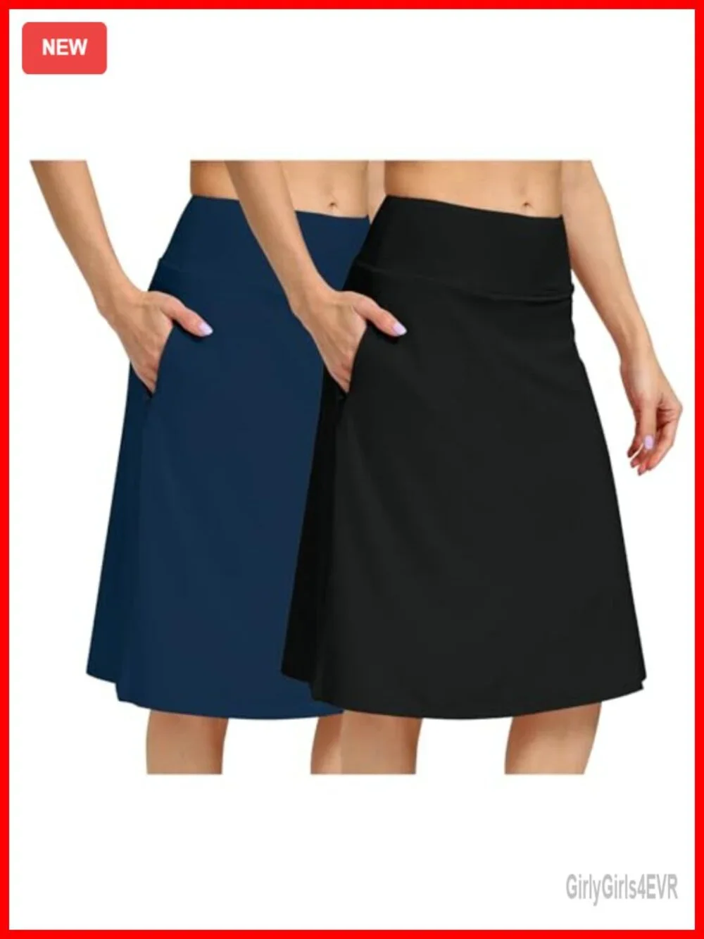 Women's Midi Skort with Built-in Shorts, Hidden Drawstring, Zippered Pockets,